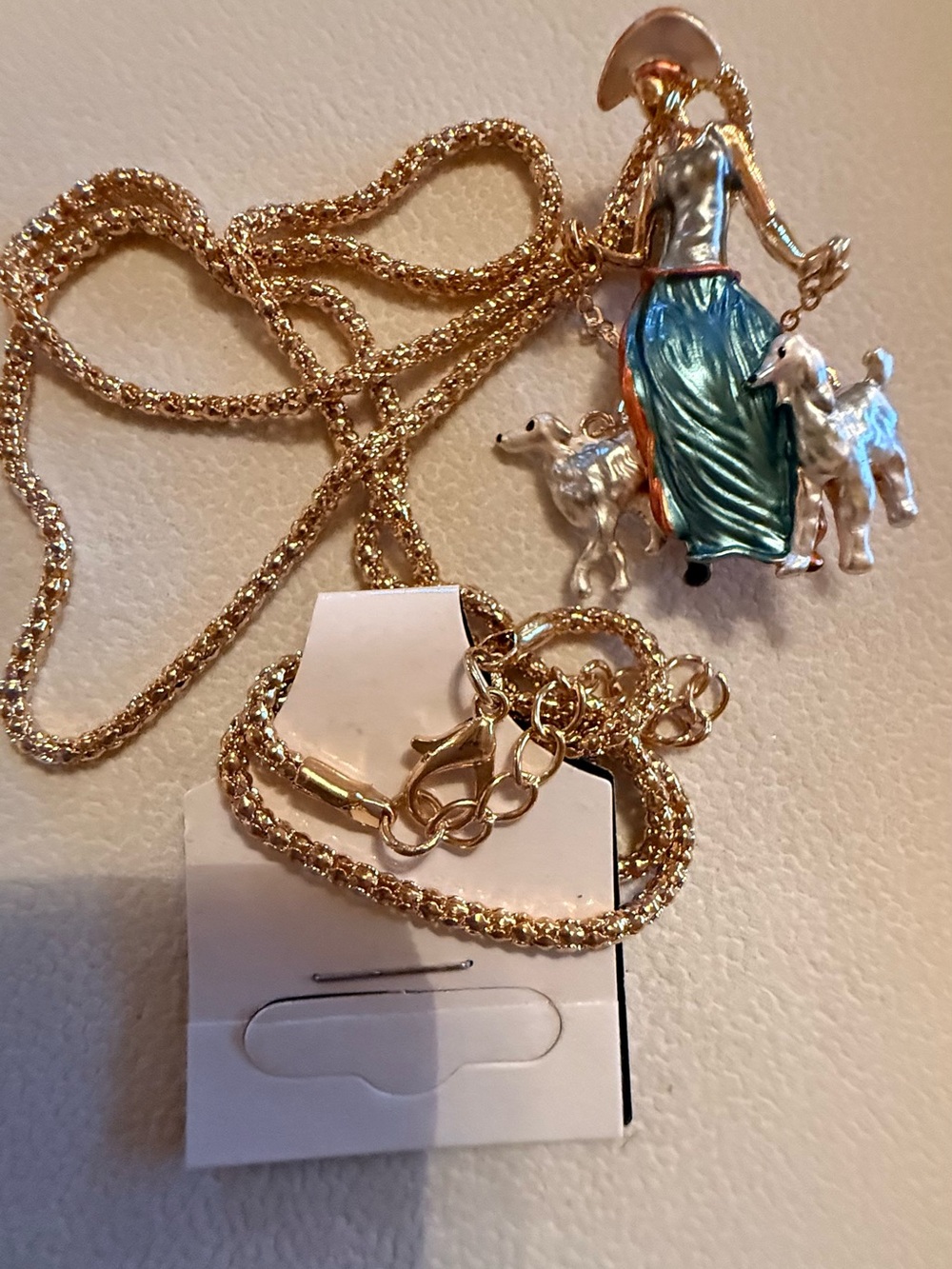 Gold-ToneFashion Woman Pendant Necklace with Teal Enamel Skirt